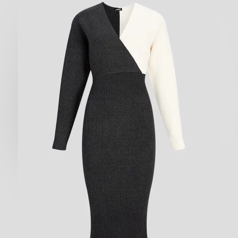 EXPRESS Gray/White Color Block Faux Wrap Top Midi Sweater Dress | Size Small